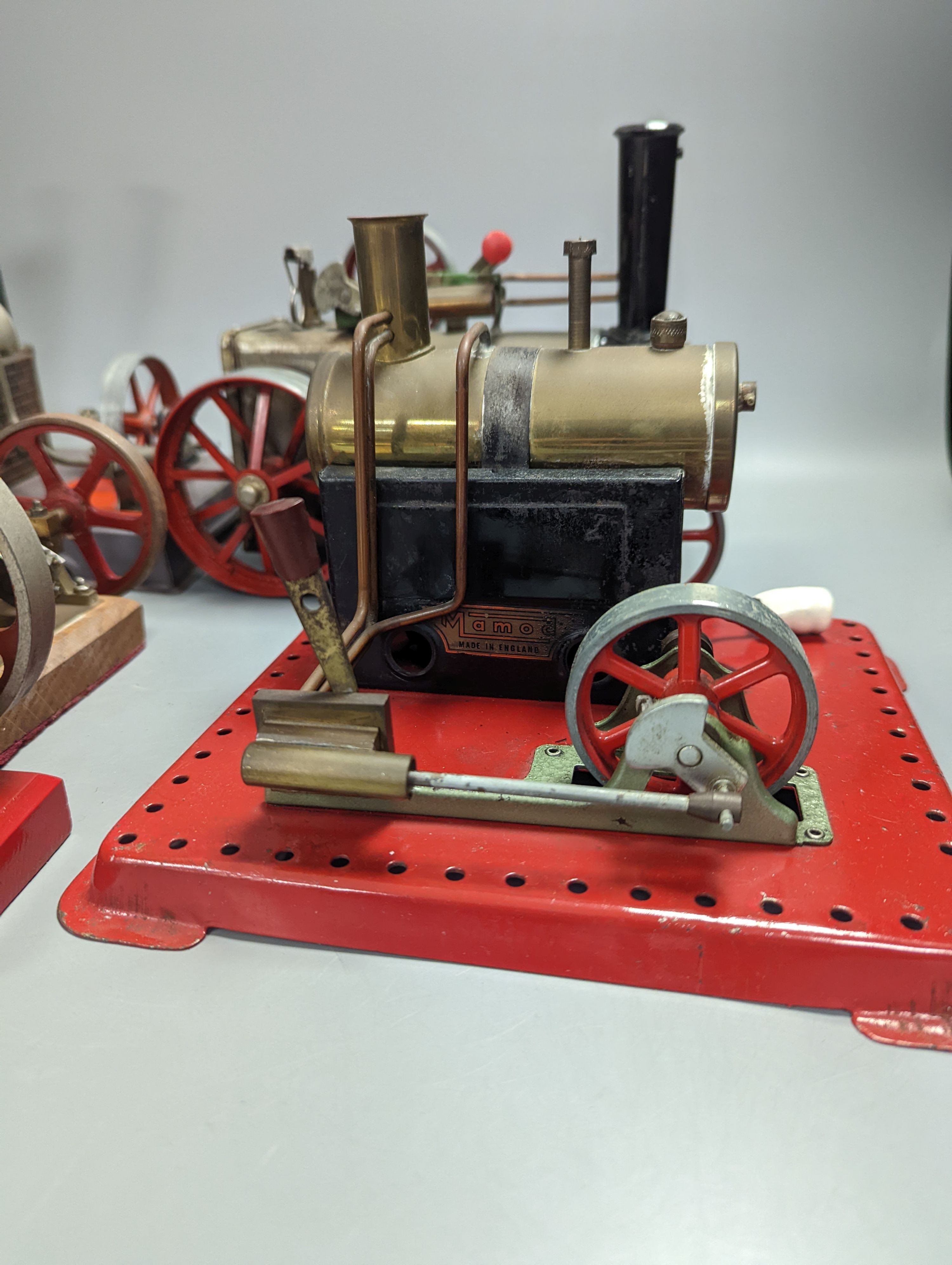 Four horizontal stationary steam engines, including Mamod and Torch and a Mamod steam wagon, 23cm